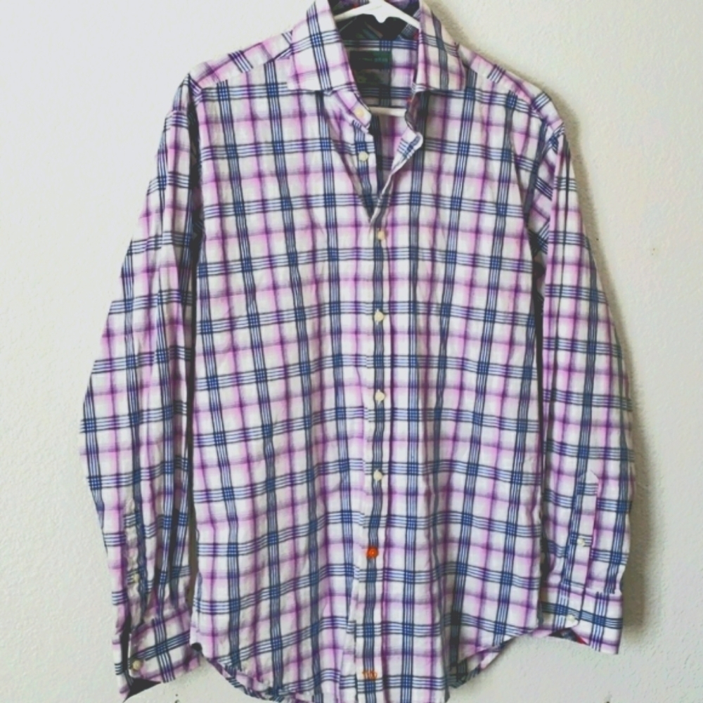 Thomas Dean Men's Purple Plaid Flip Cuff Contrast Shirt Size M